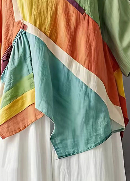 Colorblock V Neck Asymmetrical Wrinkled Top Summer