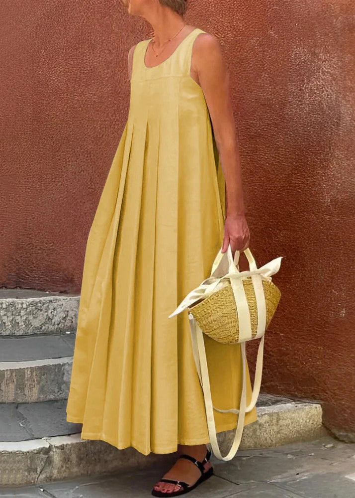 Simple Apricot Wrinkled Cotton Long Dress Sleeveless Summer