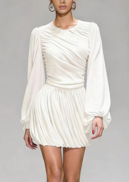 White O Neck Wrinkled Patchwork Mid Dress Lantern Sleeve