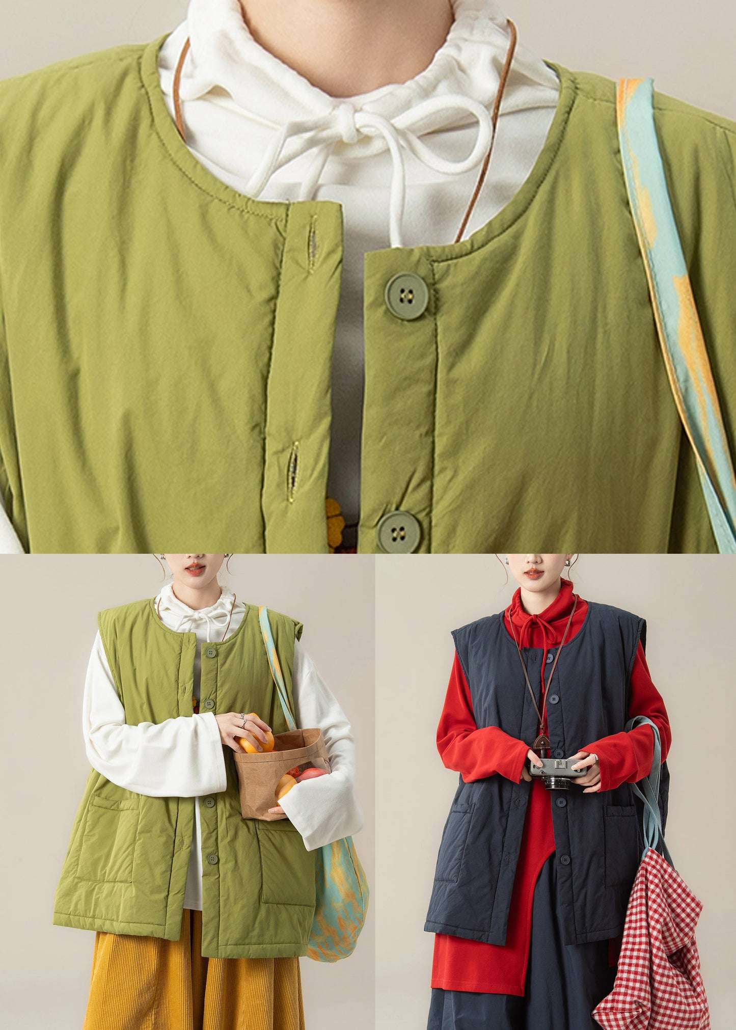 Green O-neck Fine Cotton Filled Waistcoat and White Top Two Pieces Set Sleeveless
