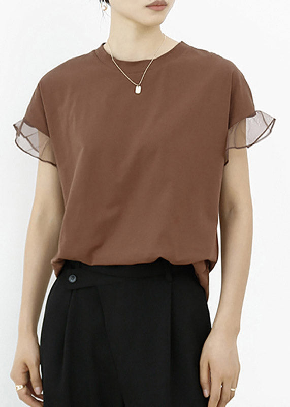 Brown Tulle Patchwork Cotton T Shirt Summe