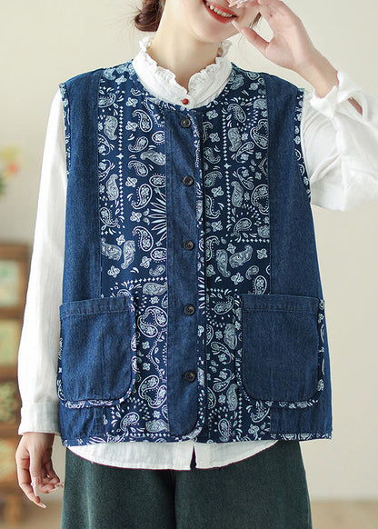 Unique Denim Blue O-neck Print Pockets Waistcoat Spring