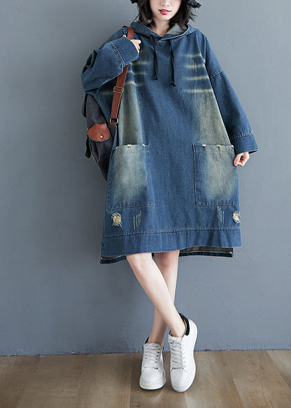 Blue Drawstring Hooded Pocket Denim Dress Long Sleeve