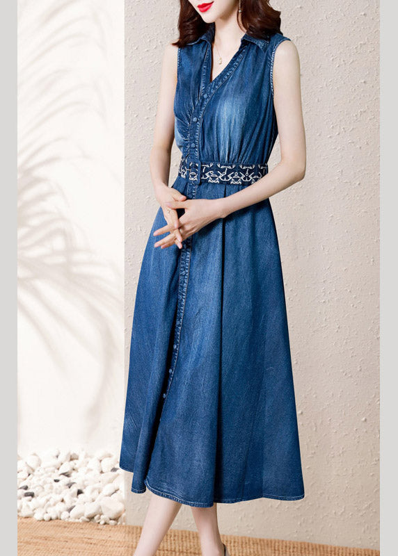 Denim Blue V Neck Button Sashes Cotton Party Long Dress Summer