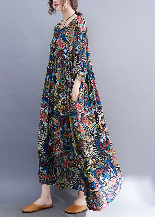 Unique Blue O-neck Patchwork Holiday Maxi Dress Summer