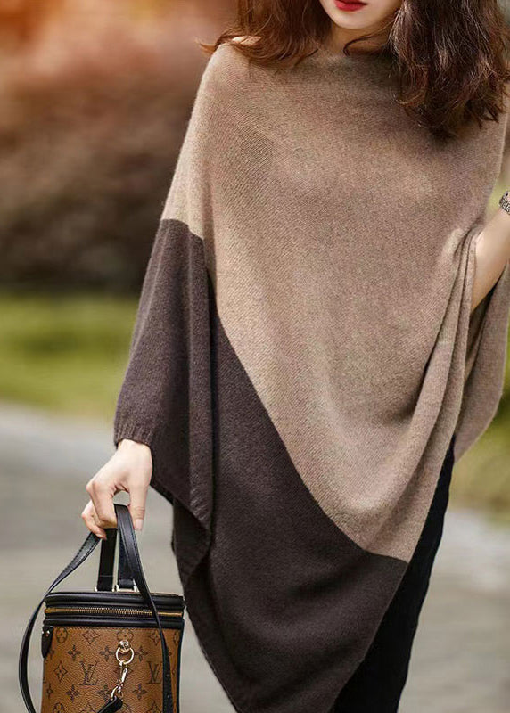 Camel Colour Patchwork Woolen Batwing Coat Long Sleeve