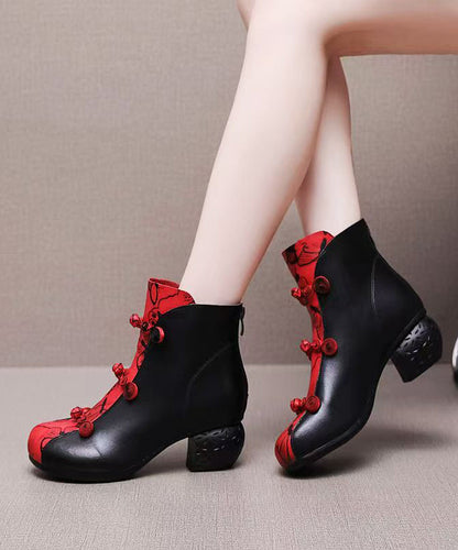 Black Cowhide Leather Splicing Boots Fuzzy Wool Lined