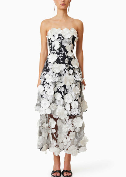 Handmade Black Strapless Embroidered Long Dress Sleeveless