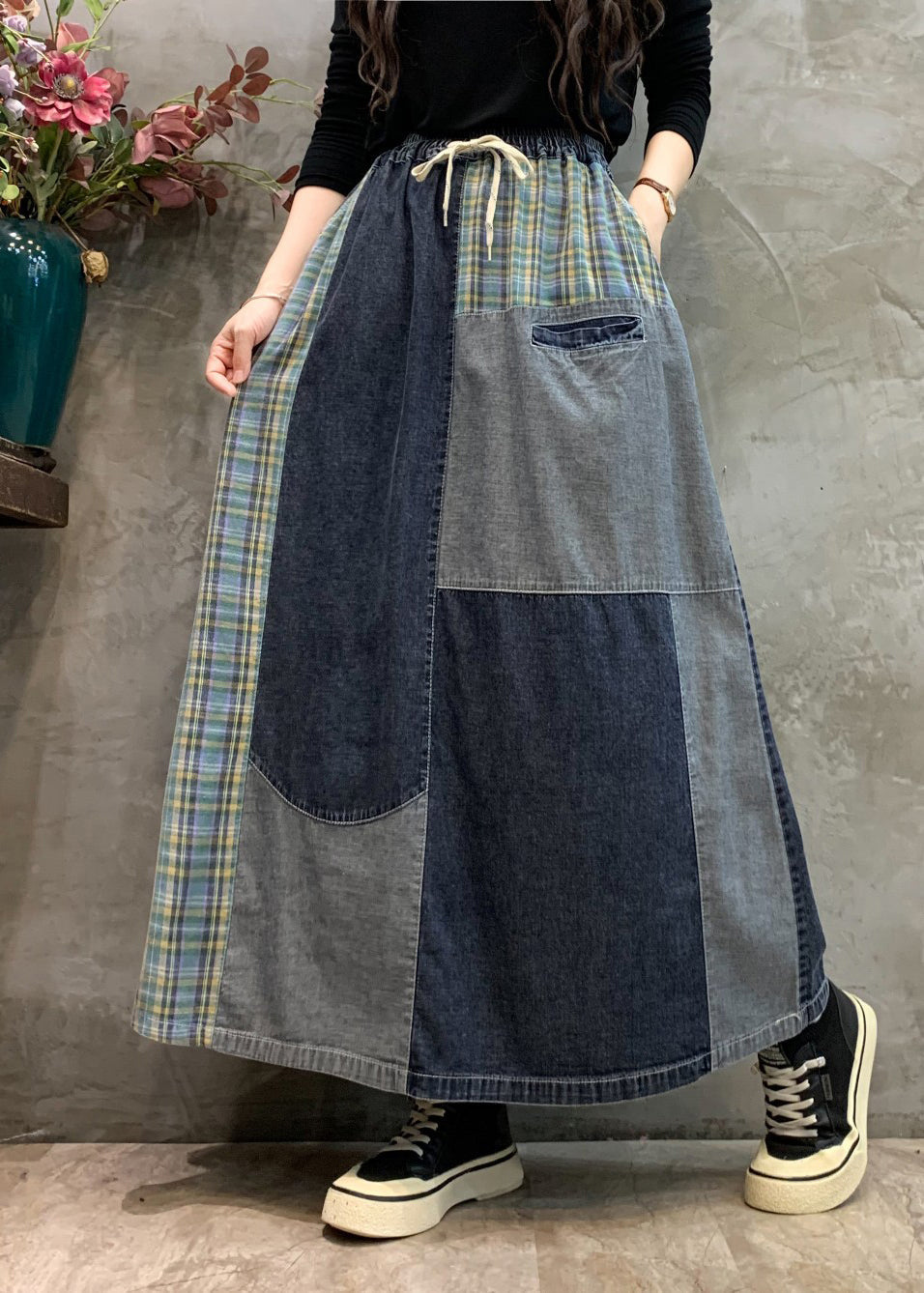 Navy Patchwork Elastic Waist Denim Skirts Spring