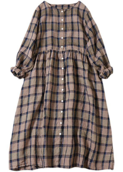Unique Khaki Plaid Patchwork Pockets Button Fall Long Sleeve Dresses