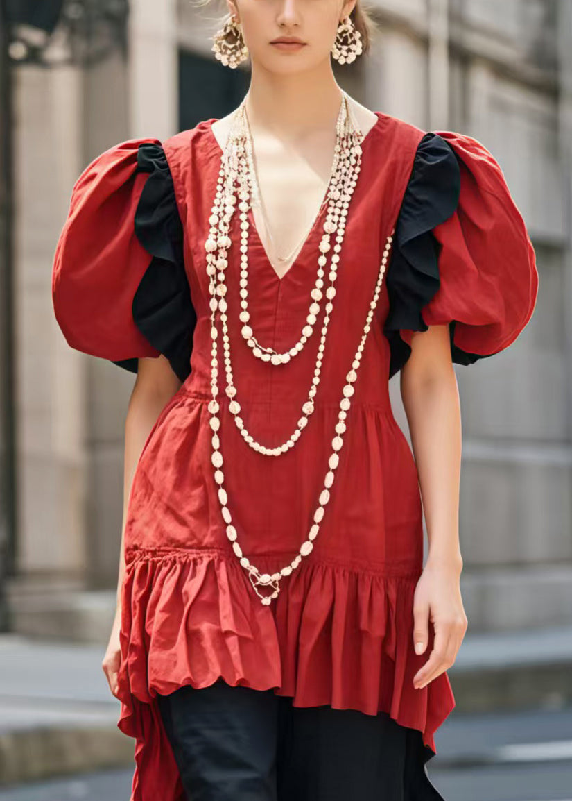 Art Red Puff Sleeve Patchwork Cotton Fake Two Piece Dress