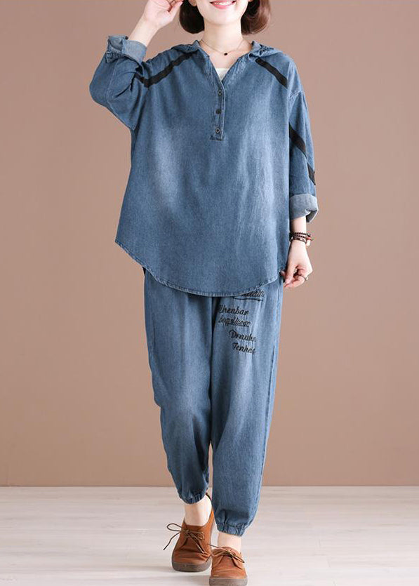 Denim Blue Embroideried Hooded Top and Pants Two Pieces Set Spring