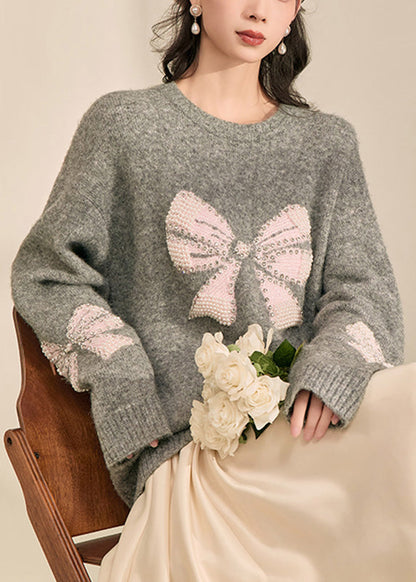 Loose Grey O-neck Bow Cozy Cotton Knit Sweater Tops Spring