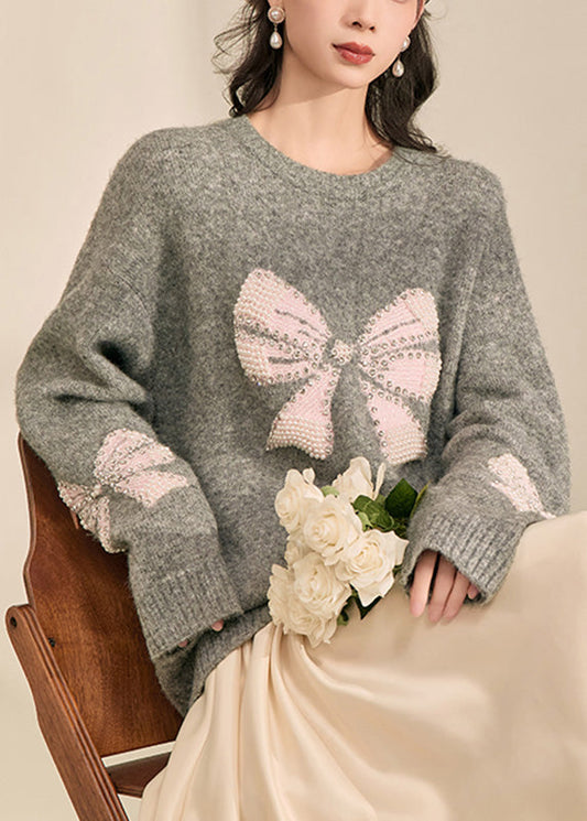 Loose Grey O-neck Bow Cozy Cotton Knit Sweater Tops Spring