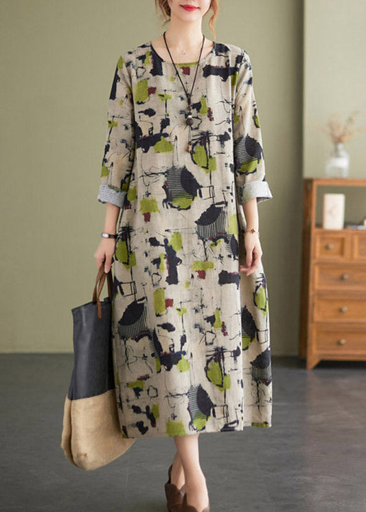 Retro O-neck Print Pockets Linen Vacation Dresses Long Sleeve