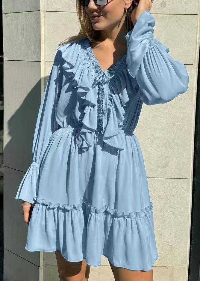 Blue V Neck Ruffled Cotton Mid Dress Flare Sleeve
