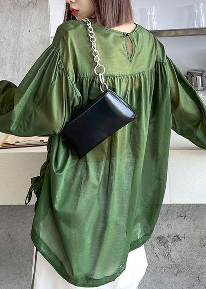Green Pockets Drawstring Long Sleeve Summer Tops