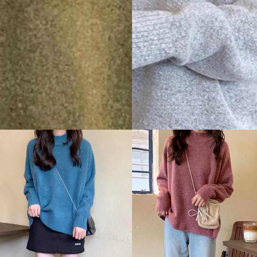 Comfy Fall Green Knit Sweat Tops High Neck Knit Blouse