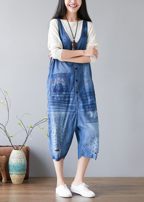 Denim Blue V Neck Print Cotton Jumpsuits Ripped Jeans Spring