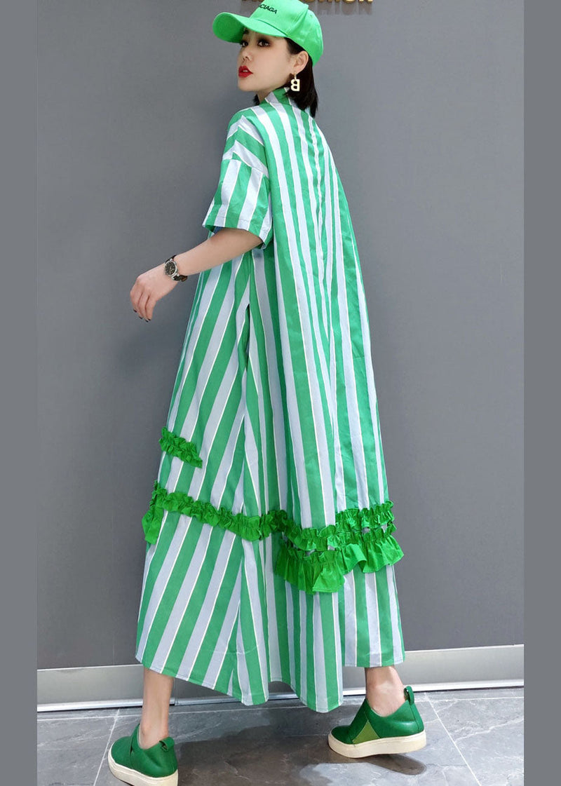 Natural Green Button Ruffled Striped Long Dress Spring
