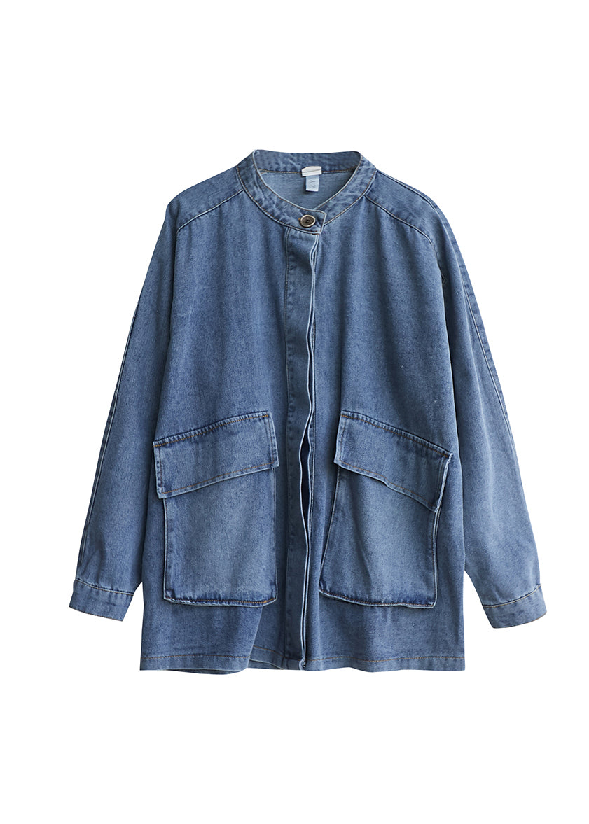 Blue Stand Collar Pockets Patchwork Denim Coats Fall