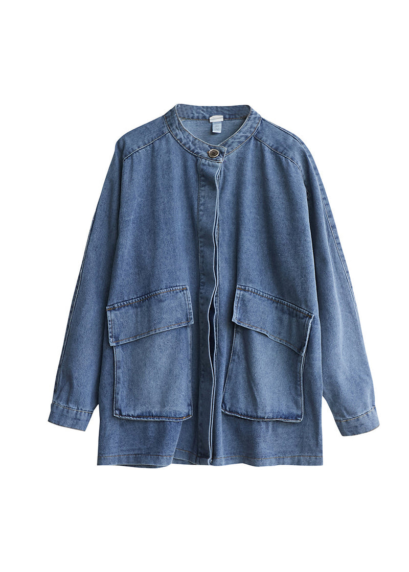 Blue Stand Collar Pockets Patchwork Denim Coats Fall