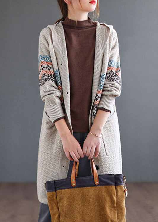 Beige Button Knitted Hooded Coats Cardigans Spring