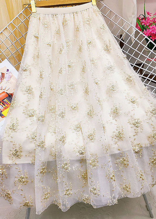 Apricot Elastic Waist Embroideried Nail Bead Tulle Skirts Summer