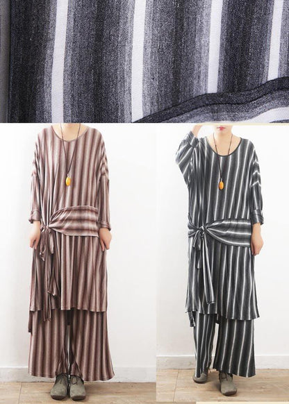 Loose Grey Striped Tie Waist Two Pieces Set Summer Cotton Dress