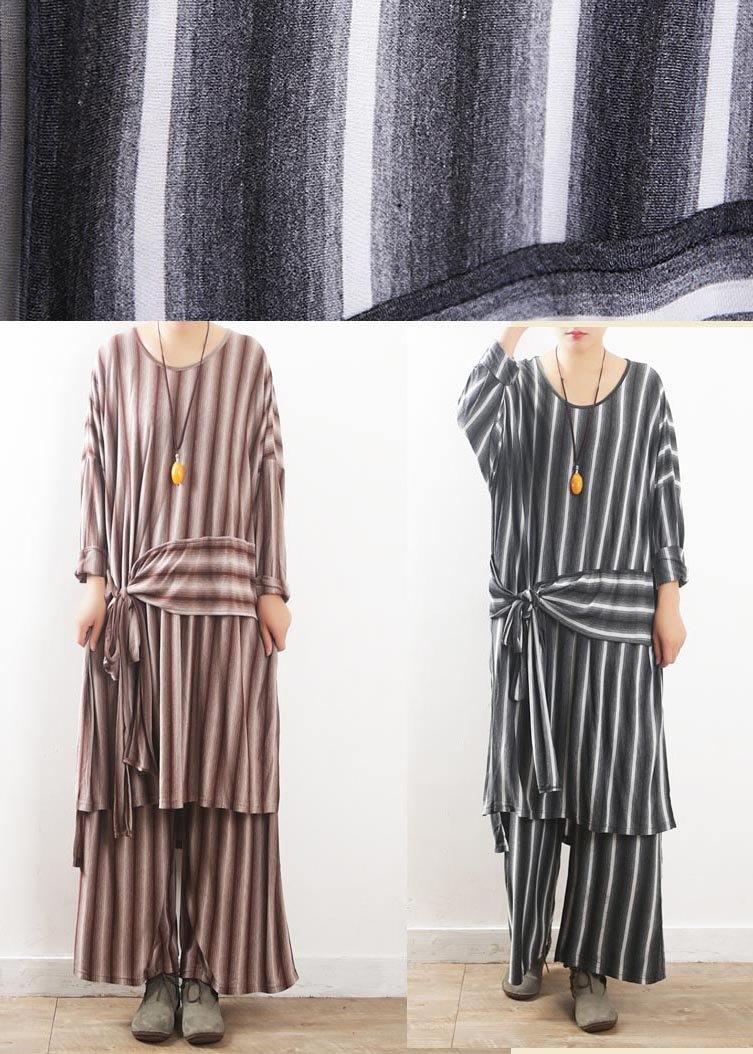 Loose Grey Striped Tie Waist Two Pieces Set Summer Cotton Dress