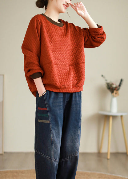 Orange O Neck Embroideried Patchwork Thick Cotton Tops Fall