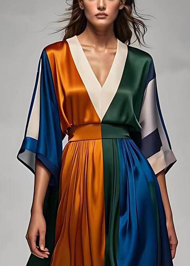 Italian V Neck High Waist Patchwork Silk Maxi Dress Half Sleeve (ships in 24hrs)