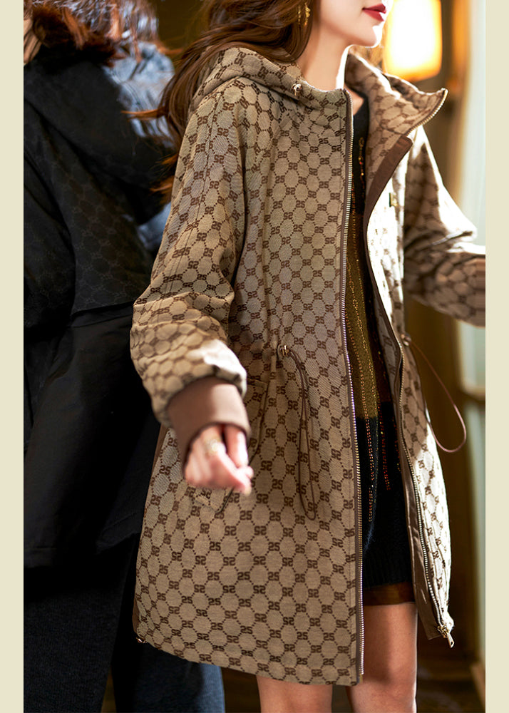 Khaki Hooded Print Drawstring Cotton Filled Coats Long Sleeve