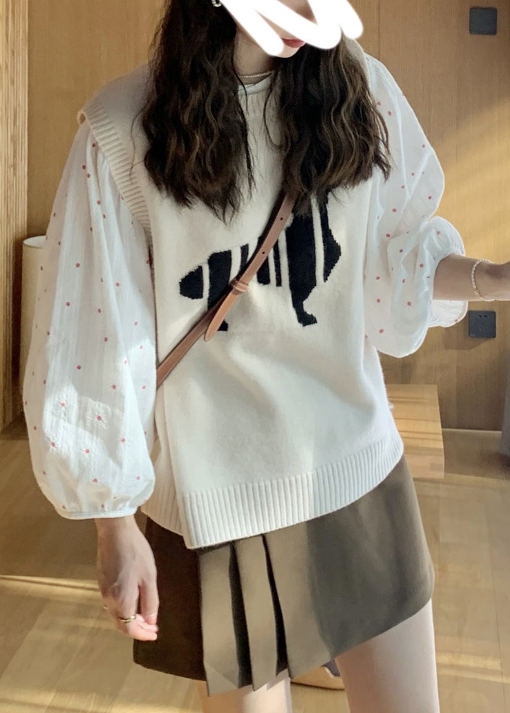 French White O-neck Print Button Cotton Shirts Lantern Sleeve