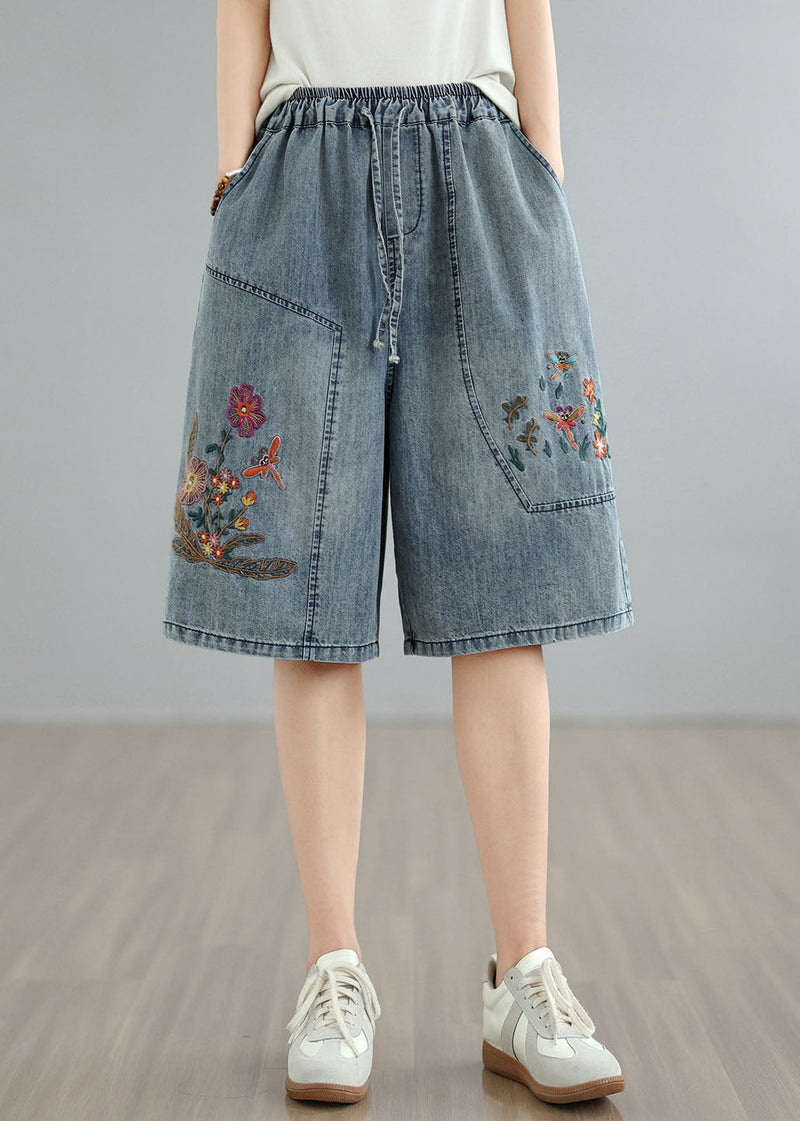 Blue Embroidered Pockets Denim Shorts Summer