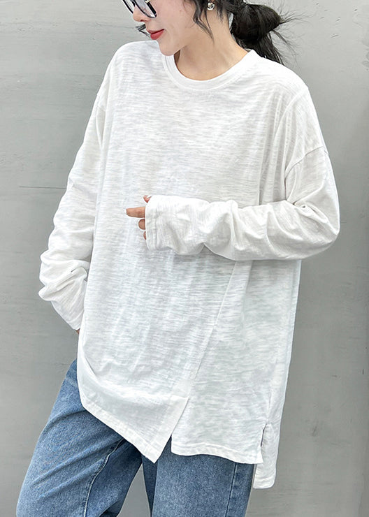 Style White O-neck Asymmetrical Design Cotton Top Long Sleeve