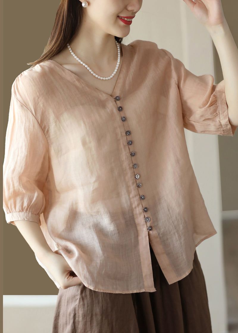 Deep Red V Neck Button Patchwork Linen Shirt Top Summer