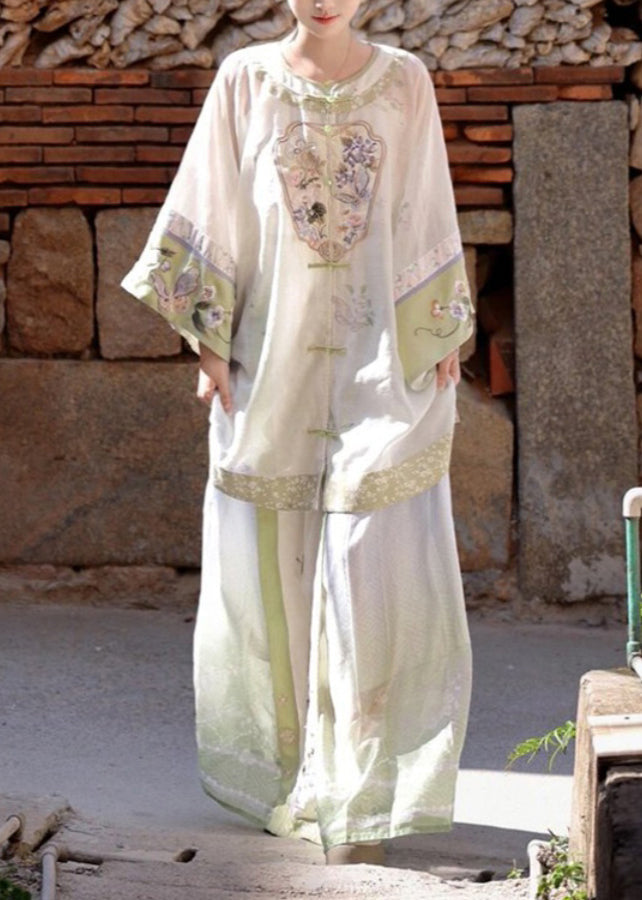 White Embroidered Patchwork Shirts Wide Leg Pants and Two Pieces Set Spring