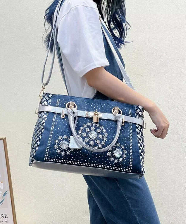 Navy Rhinestone Large Capacity Denim Tote Handbag