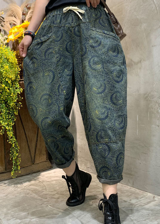 Handmade Blue High Waist Print Denim Pants Spring