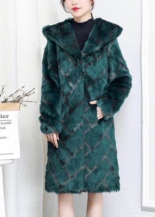 Green Hooded Plaid Faux Fur Coats Winter