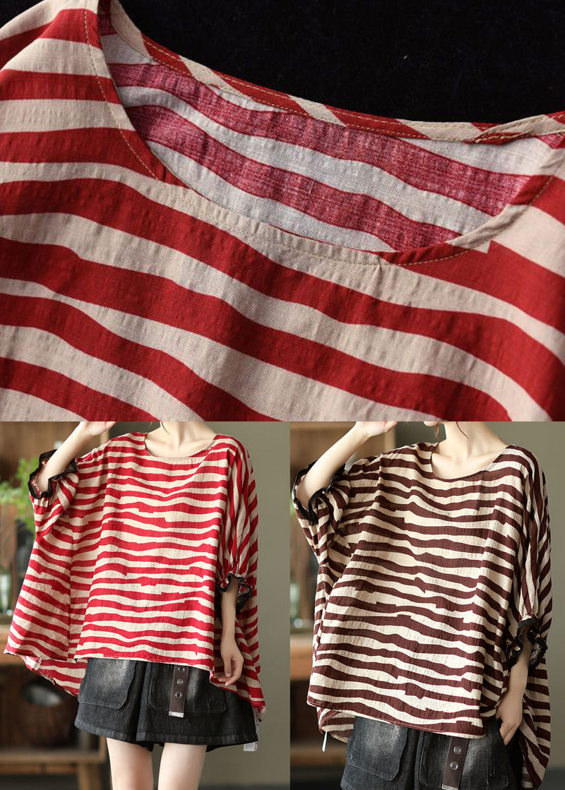 Red Asymmetrical Striped Cotton Pullover Spring