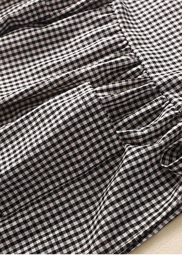 Black Plaid Linen Party Dress O-neck Lace Up Wrinkled Sleeveless