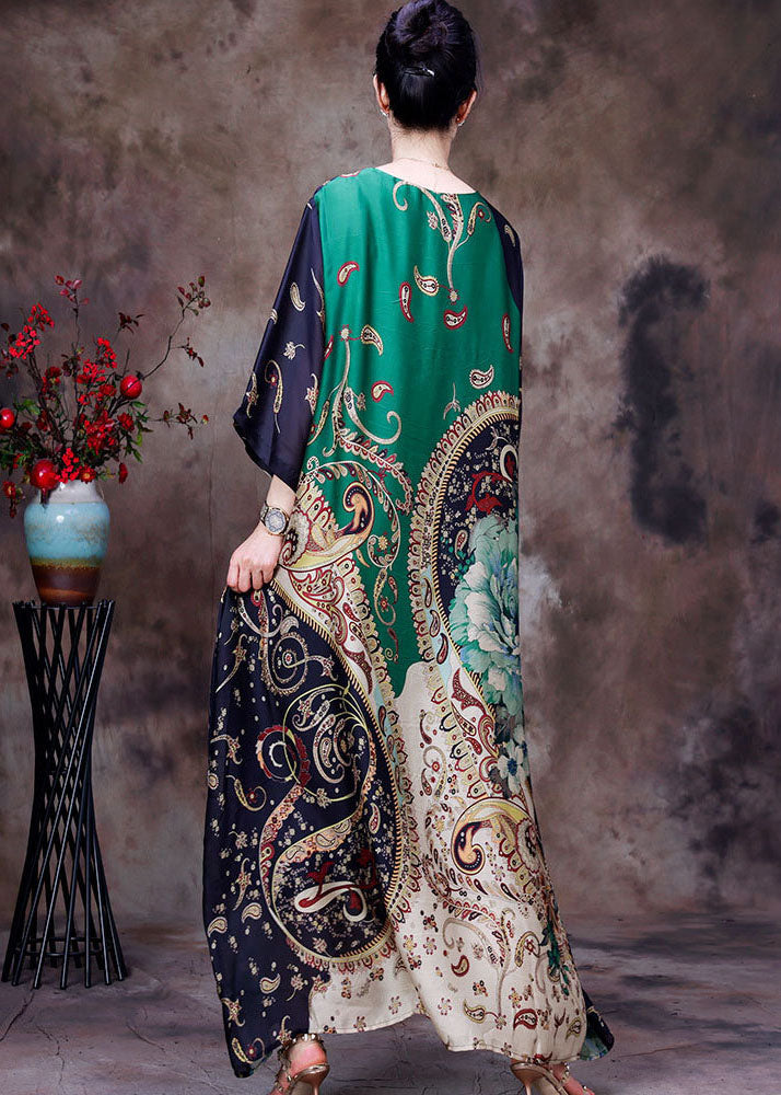 Boutique Green O-neck Original Design Print Draping Silk Maxi Dress Half Sleeve