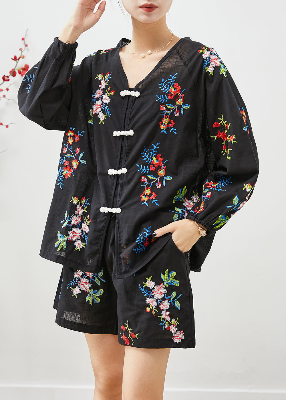 Black Embroideried Chinese Button Cotton Sets 2 Pieces Fall