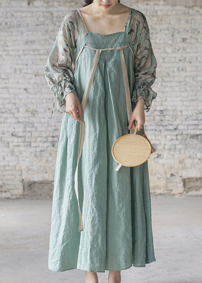 Light Blue Lace Up Print Patchwork Linen Long Dresses Long Sleeve