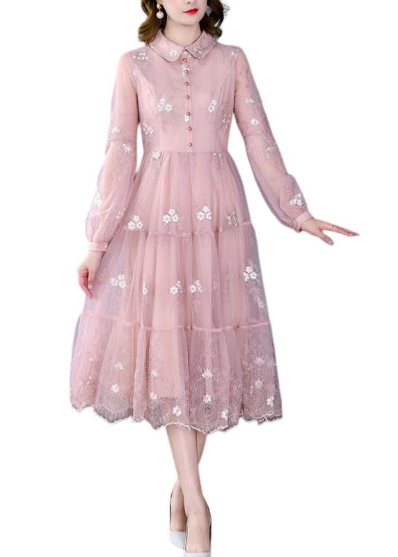 Pink Peter Pan Collar Embroideried Patchwork Button Tulle Maxi Dress Long Sleeve