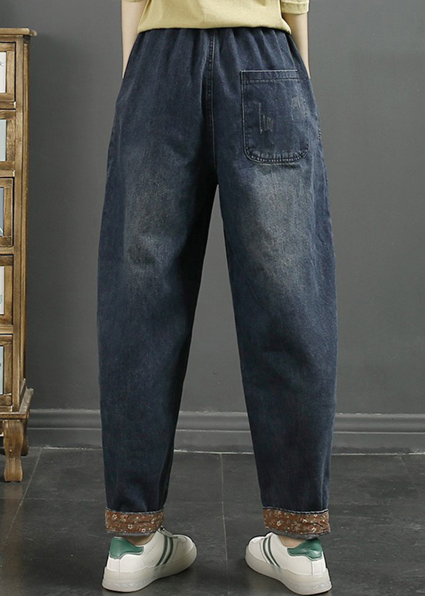 Loose Denim Blue Embroideried Pockets Elastic Waist Jeans Fall
