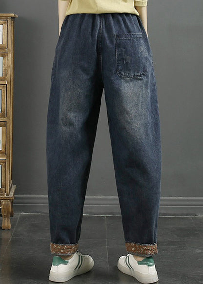 Loose Denim Blue Embroideried Pockets Elastic Waist Jeans Fall