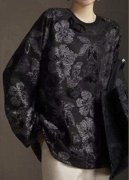 New Black Round Neck Hot Stamping Bright Silk T-shirt Spring